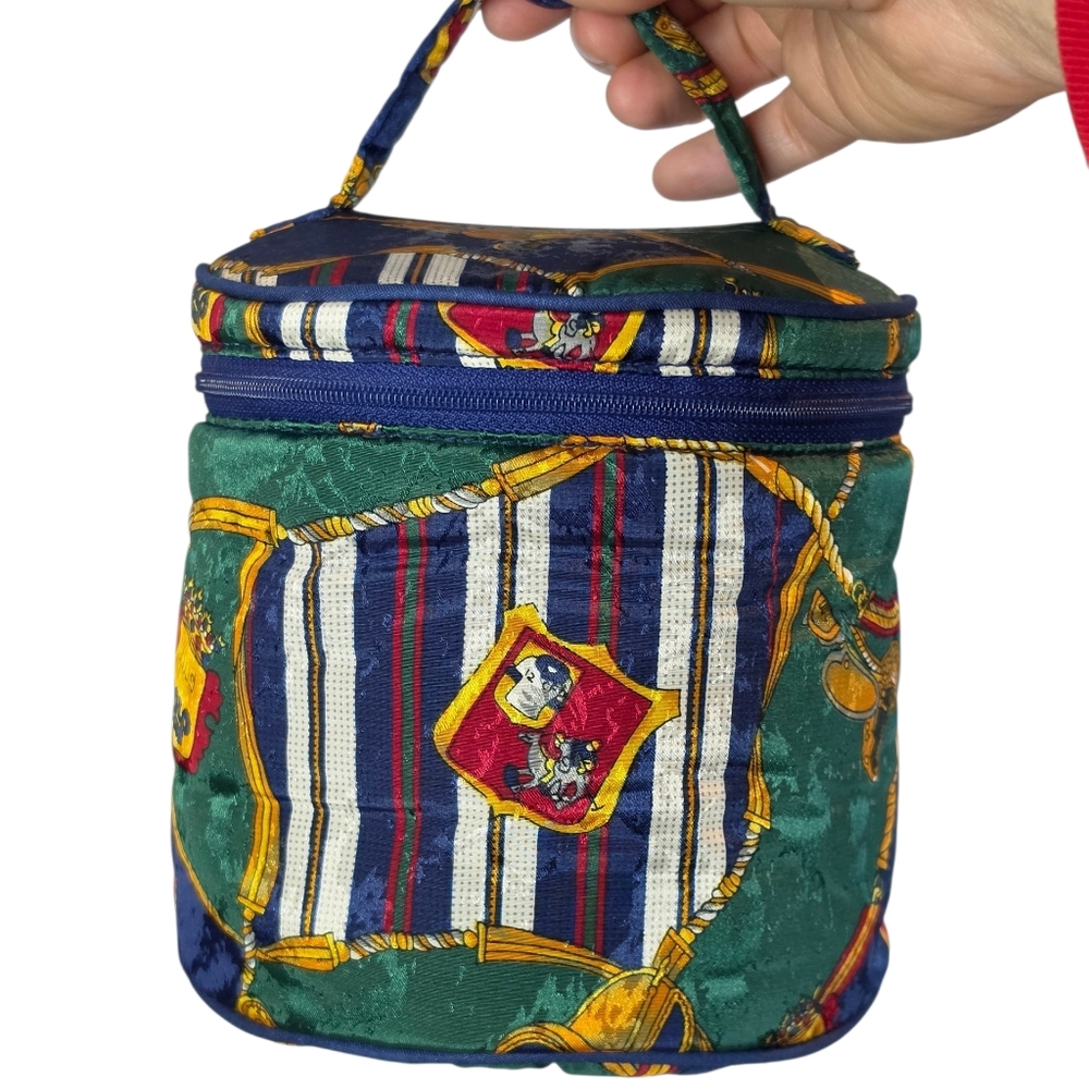 VTG Leslie Fay Multi-Color Equestrian Themed Round 6" Travel Cosmetic Bag